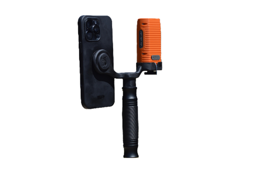 Back of scanning handle with Flex Mini and phone installed